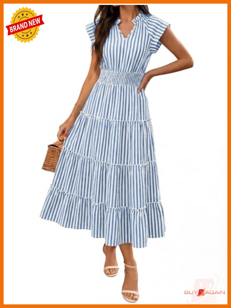 Womens Summer Maxi Dress V Neck Cap Sleeve Gingham Striped Tiered Flowy Midi
